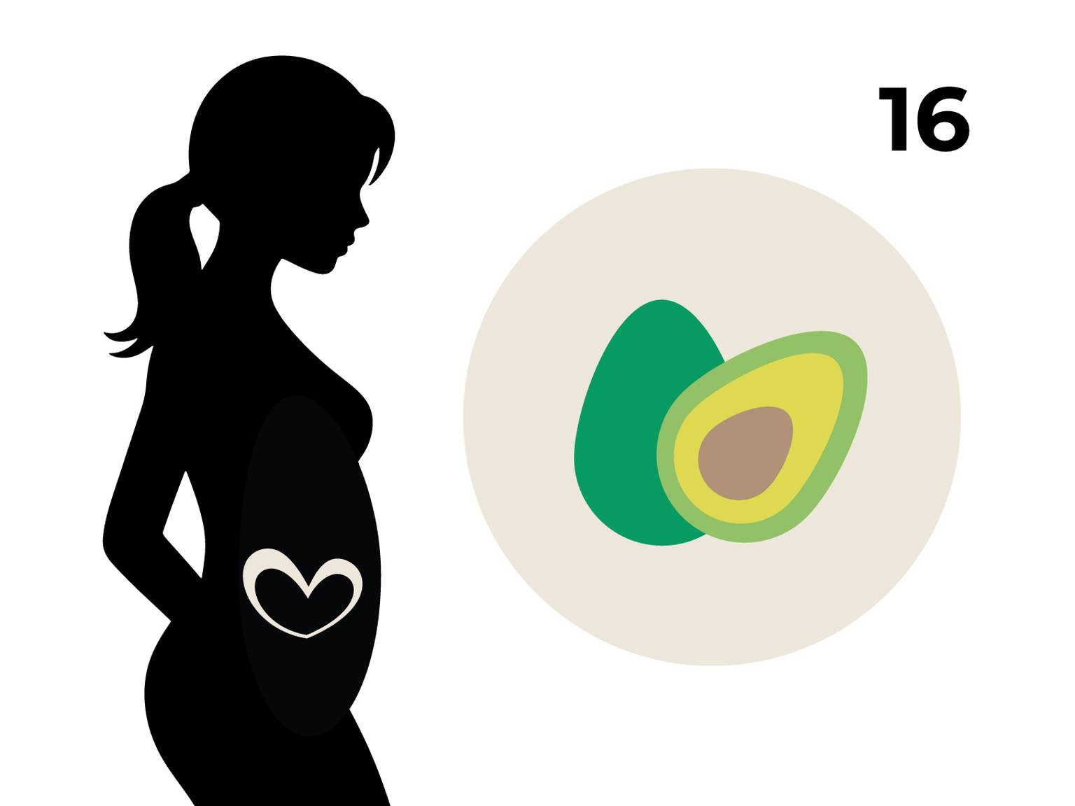 Silhouette einer schwangeren Frau mit einem Herz auf dem Bauch, daneben ein Kreis mit einer Avocado und die Zahl 16.