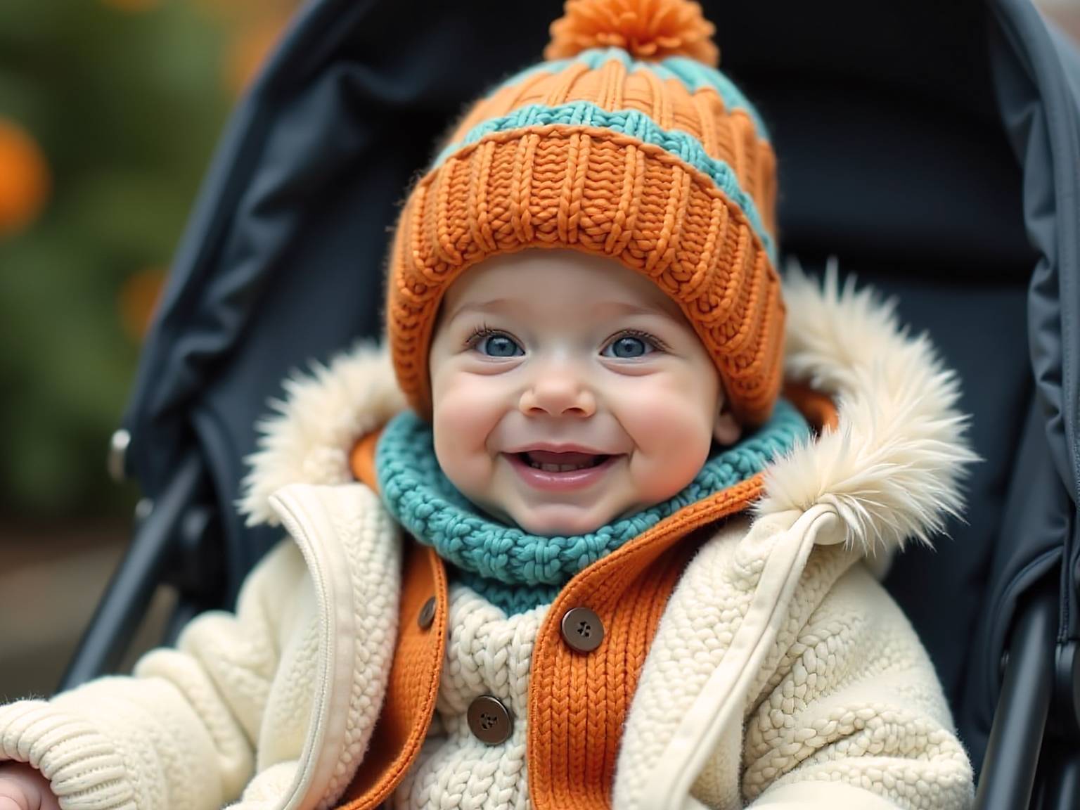 Ein lächelndes Baby im Kinderwagen, das eine kuschelige orange-blaugrüne Strickmütze und einen Schal sowie einen cremefarbenen Mantel trägt.