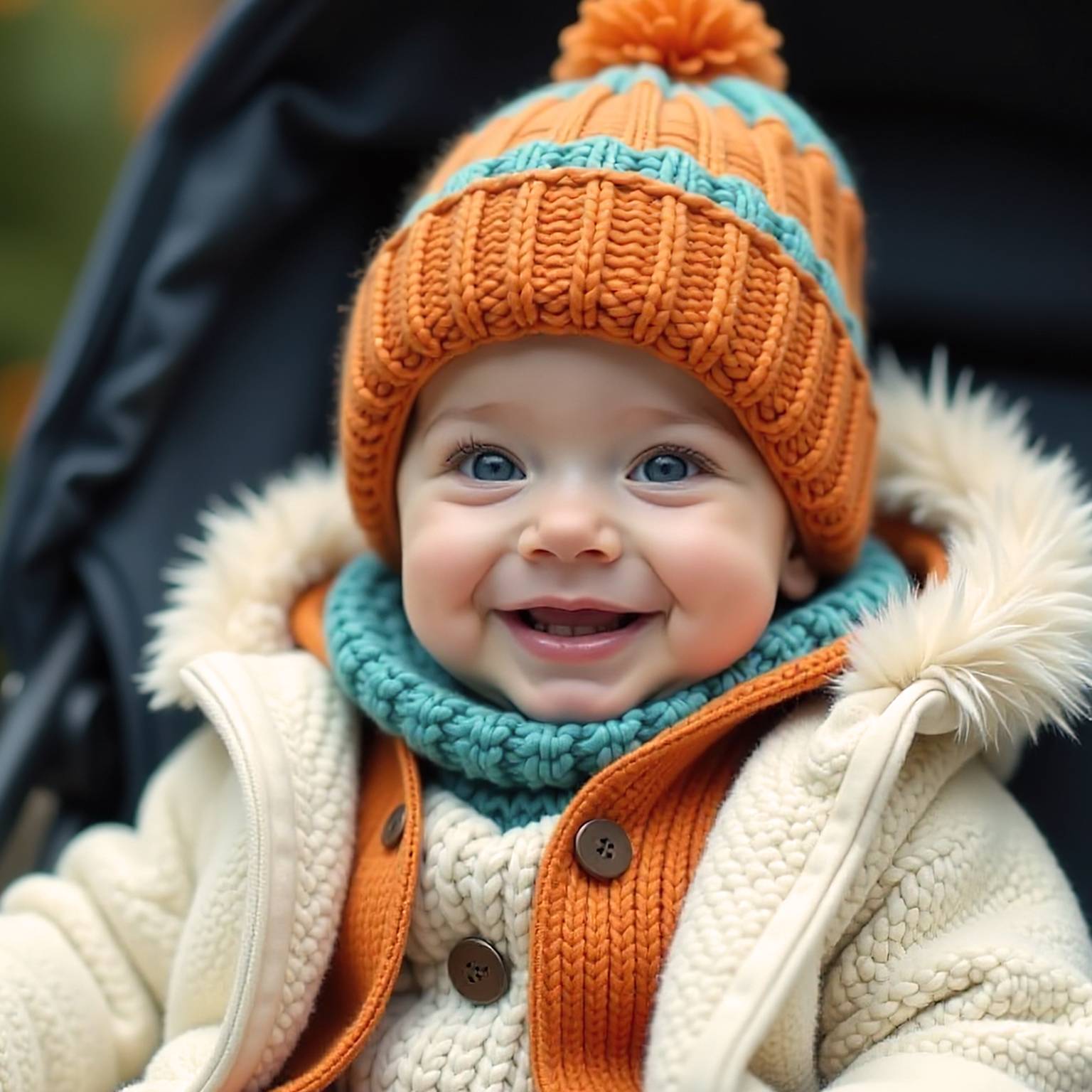 Ein lächelndes Baby im Kinderwagen, das eine kuschelige orange-blaugrüne Strickmütze und einen Schal sowie einen cremefarbenen Mantel trägt.