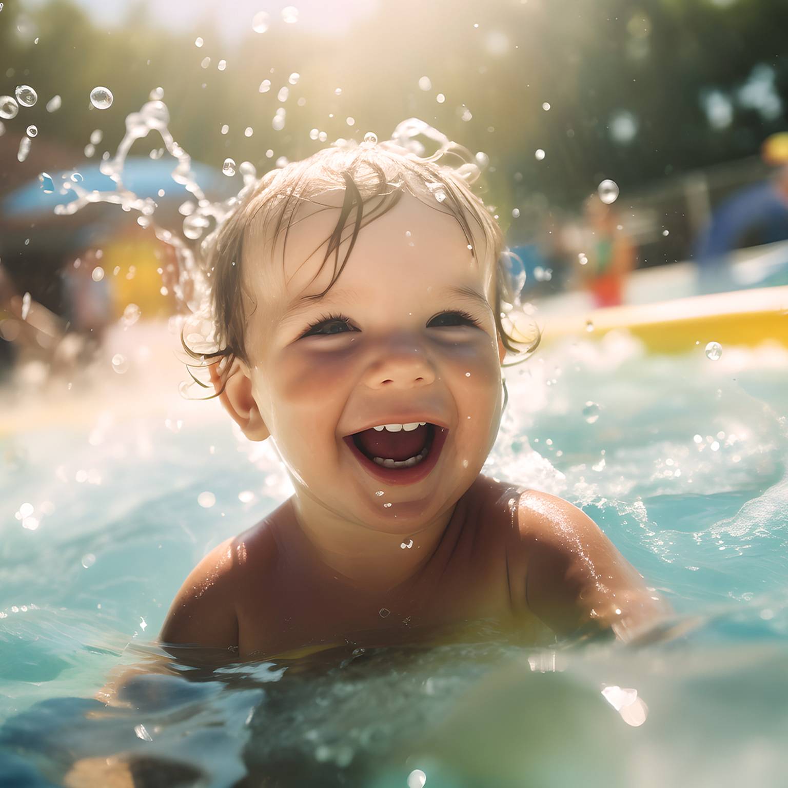 Ein fröhliches Kleinkind planscht in einem sonnenbeschienenen Pool, Wassertropfen glitzern herum, im Hintergrund sind Menschen und Bäume unscharf zu sehen.