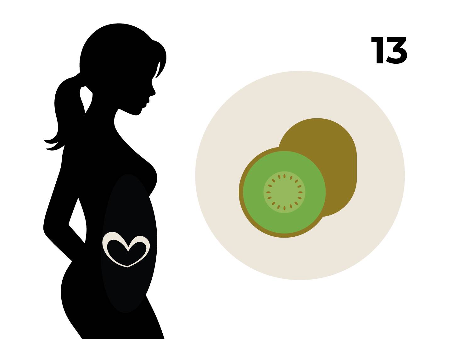 Silhouette einer schwangeren Frau mit einem Herz auf dem Bauch, daneben ein Kreis mit einer Kiwi und die Zahl 13.