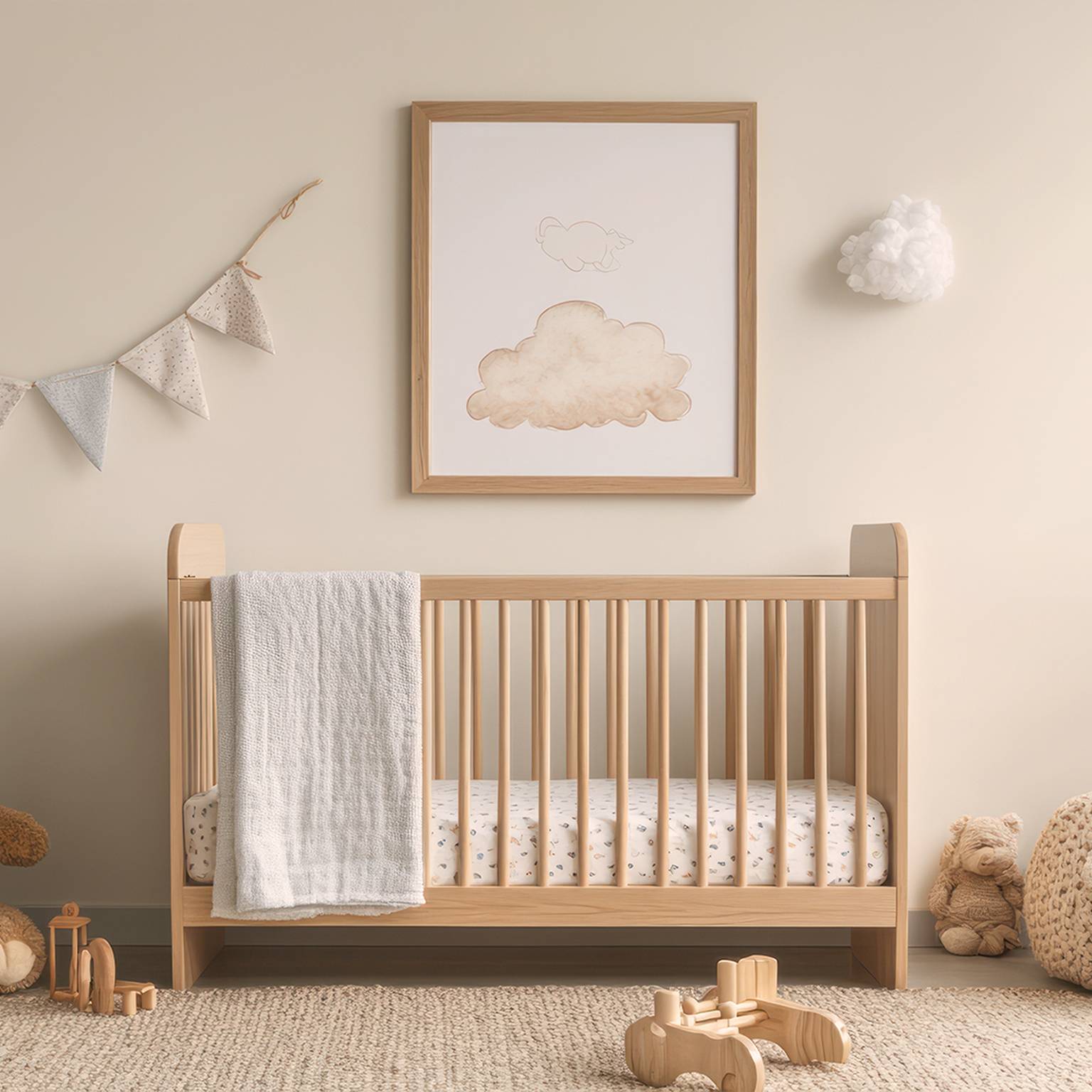 Gemütliches Kinderzimmer mit Holzbett, Teddybären, Wolkenmotiven und dekorativer Wimpelkette. Neutrale Töne schaffen eine ruhige, einladende Atmosphäre.