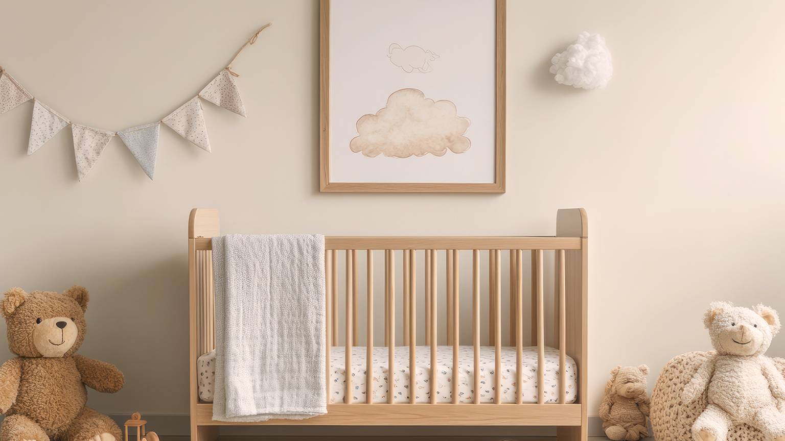 Gemütliches Kinderzimmer mit Holzbett, Teddybären, Wolkenmotiven und dekorativer Wimpelkette. Neutrale Töne schaffen eine ruhige, einladende Atmosphäre.
