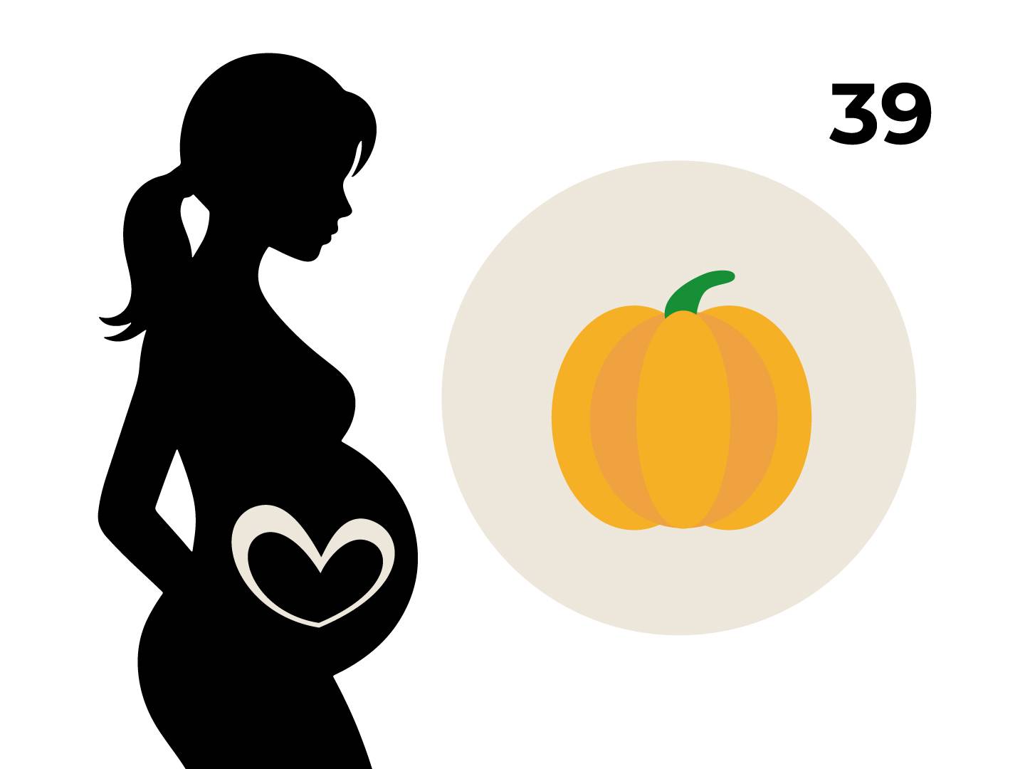 Silhouette einer schwangeren Frau mit einem Herz auf dem Bauch, daneben ein Kreis mit einem Kürbis und die Zahl 39.