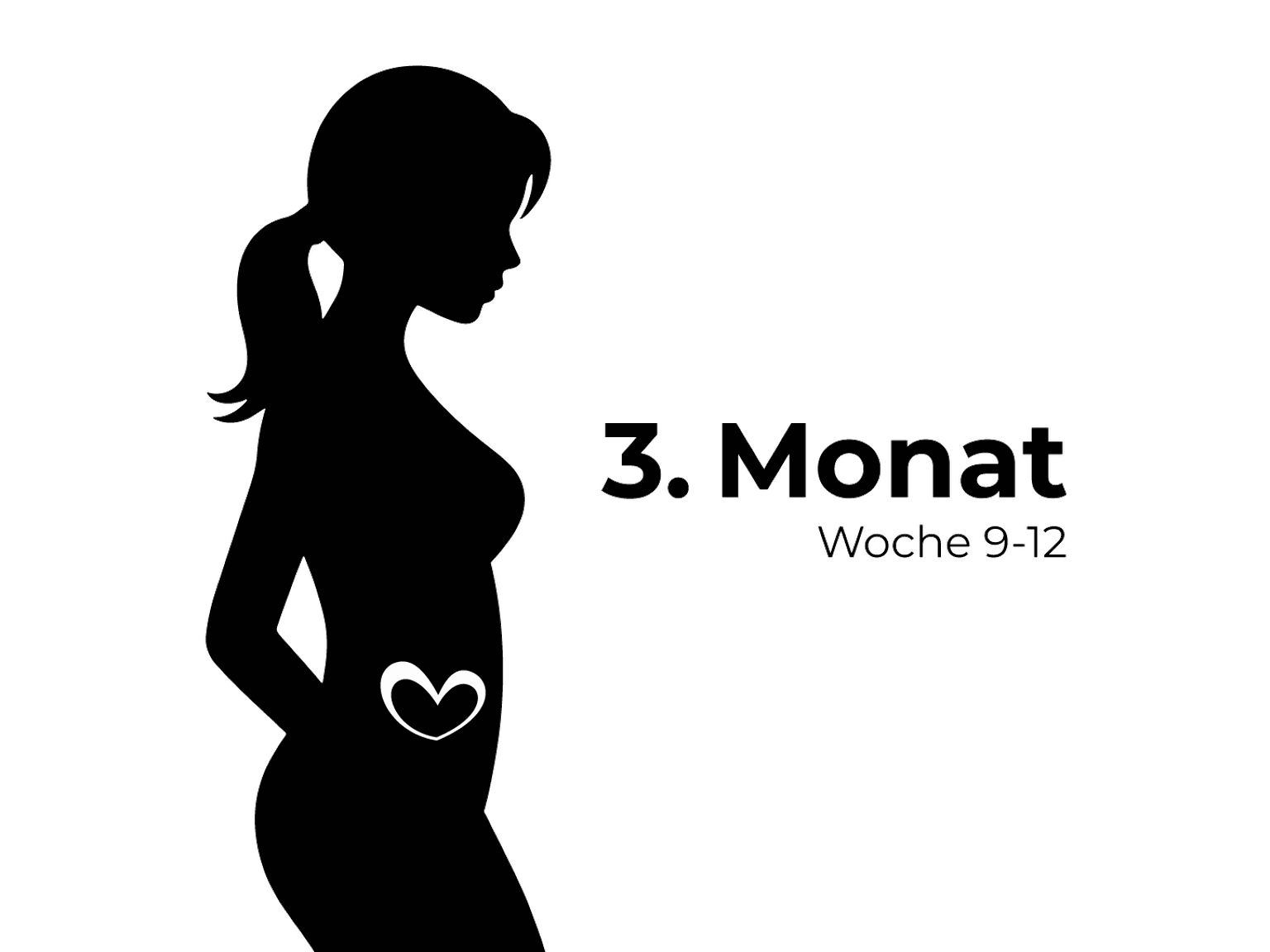 Silhouette einer schwangeren Frau mit einem Herzsymbol auf dem Bauch, beschriftet mit „3. Monat Woche 9-12“ auf weißem Hintergrund.