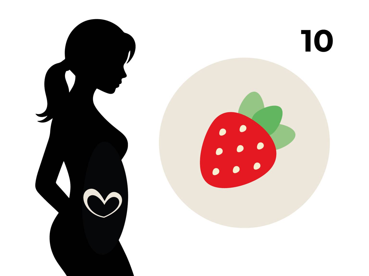 Silhouette einer schwangeren Frau mit einem Herz auf dem Bauch, daneben ein Kreis mit einer Erdbeere und die Zahl 10.