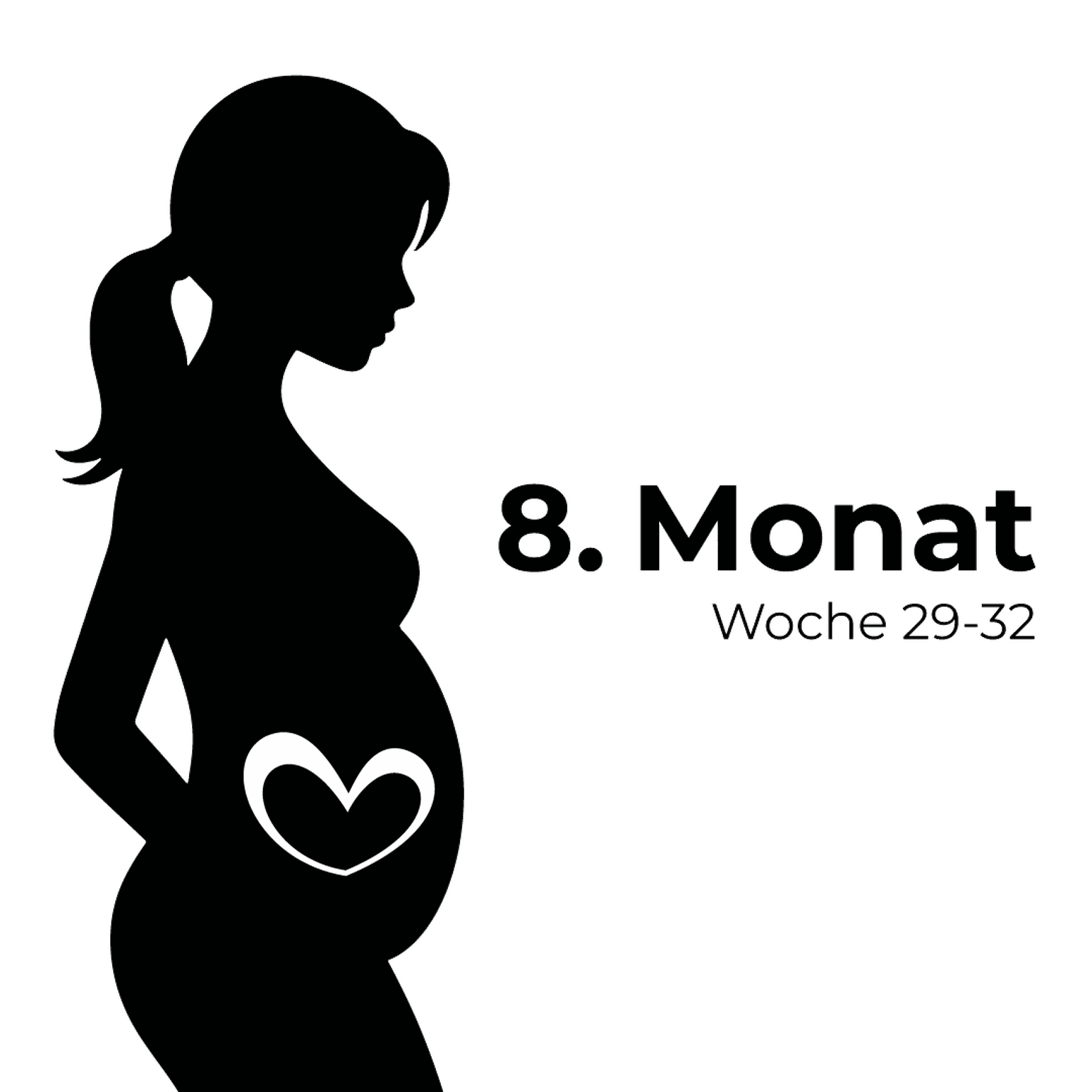 Silhouette einer schwangeren Frau mit einem Herzsymbol auf dem Bauch, beschriftet mit „8. Monat Woche 29-32“ auf weißem Hintergrund.