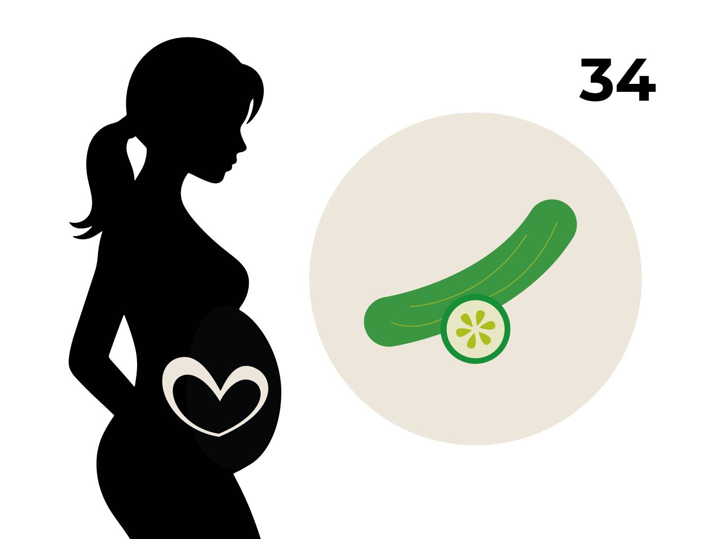 Silhouette einer schwangeren Frau mit einem Herz auf dem Bauch, daneben ein Kreis mit einer Gurke und die Zahl 34.