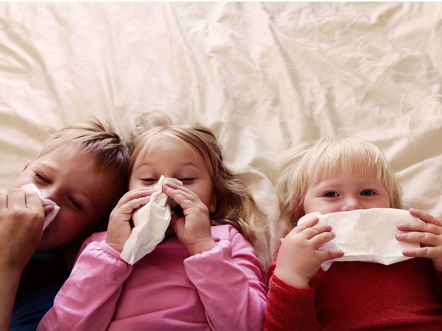 Drei Kinder liegen auf einem Bett und halten sich jeweils ein Taschentuch vor die Nase, was darauf hindeutet, dass sie möglicherweise erkältet sind.
