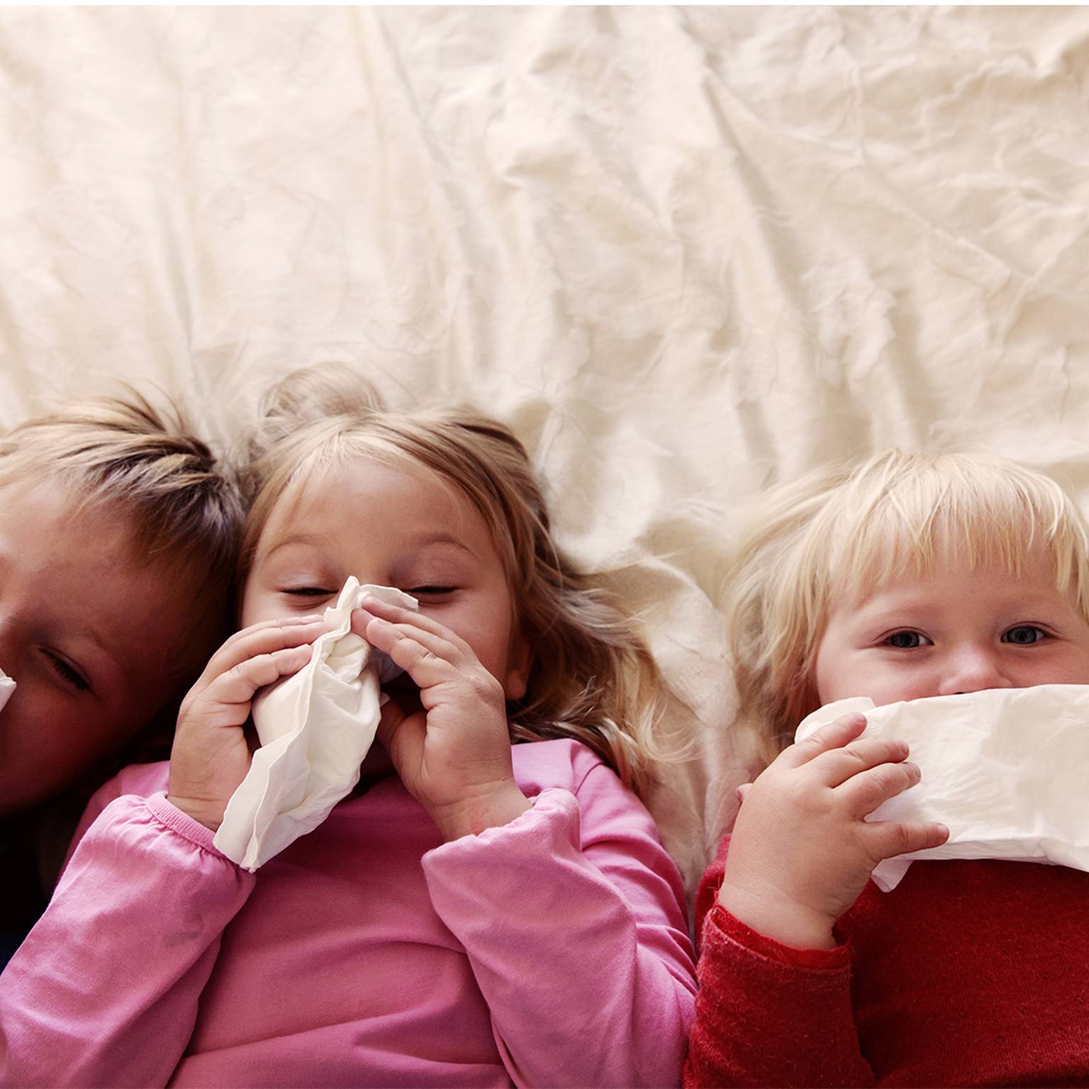 Drei Kinder liegen auf einem Bett und halten sich jeweils ein Taschentuch vor die Nase, was darauf hindeutet, dass sie möglicherweise erkältet sind.