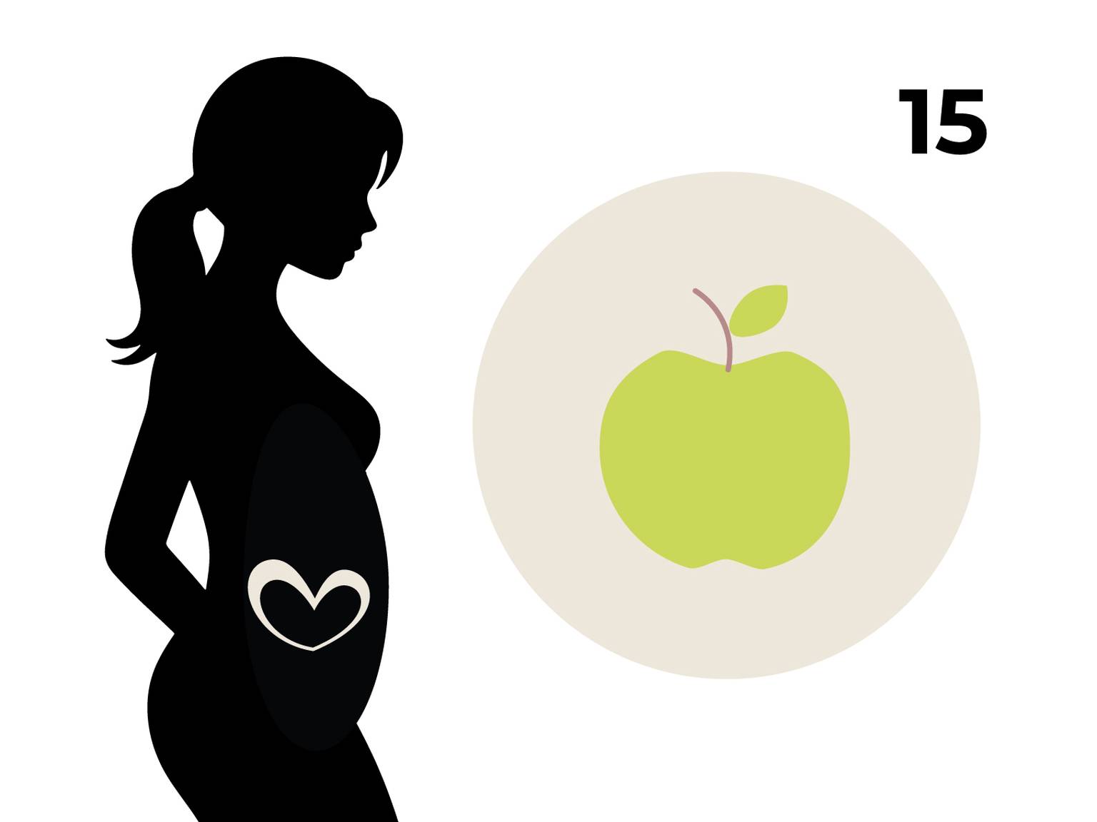 Silhouette einer schwangeren Frau mit einem Herz auf dem Bauch, daneben ein Kreis mit einem Apfel und die Zahl 15.