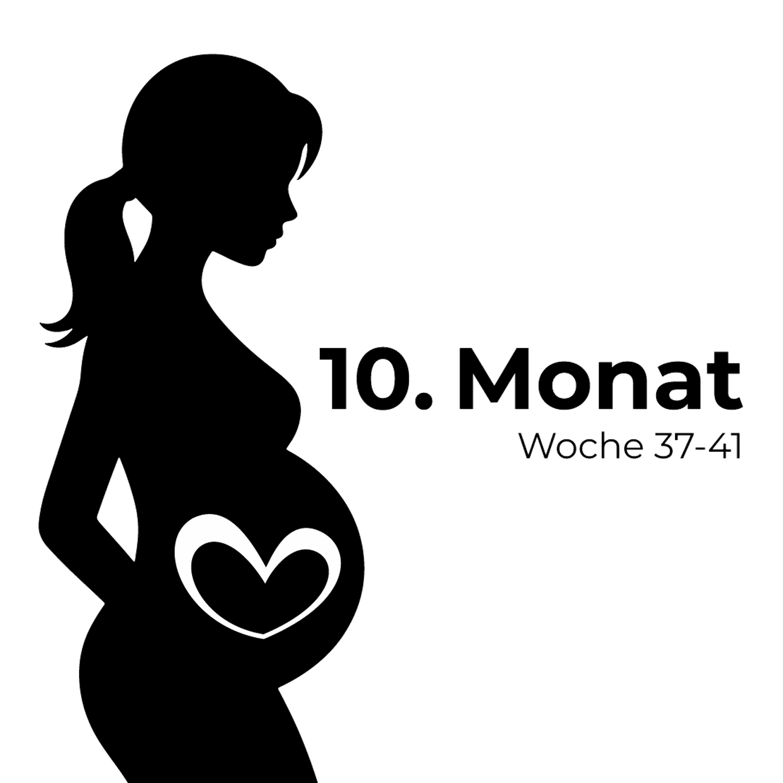 Silhouette einer schwangeren Frau mit einem Herzsymbol auf dem Bauch, beschriftet mit „10. Monat Woche 37-41“ auf weißem Hintergrund.