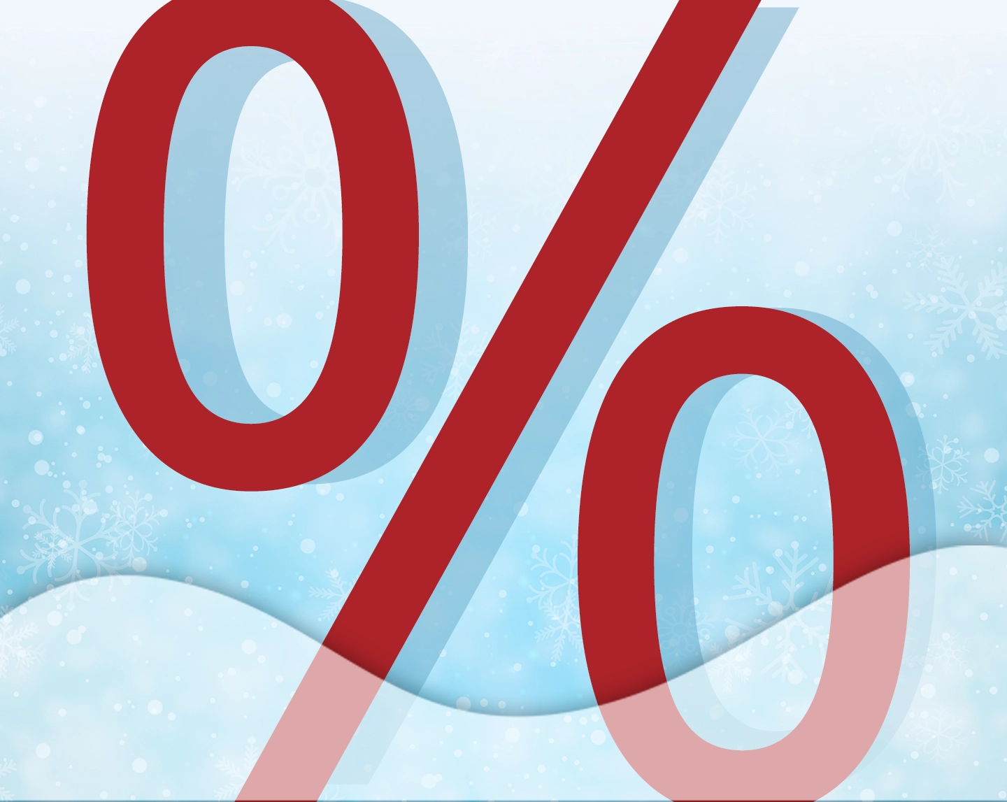 Großes rotes Prozentzeichen auf einem verschneiten, frostigen Hintergrund mit Schneeflocken und weißen, wellenförmigen Formen.