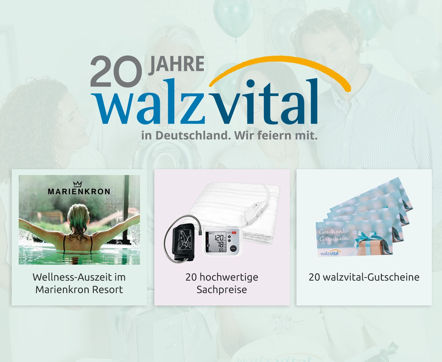 Feierliches Banner zum 20-jährigen Jubiläum von Walzvital in Deutschland mit dem Marienkron Resort, Geschenken und Gutscheinen.