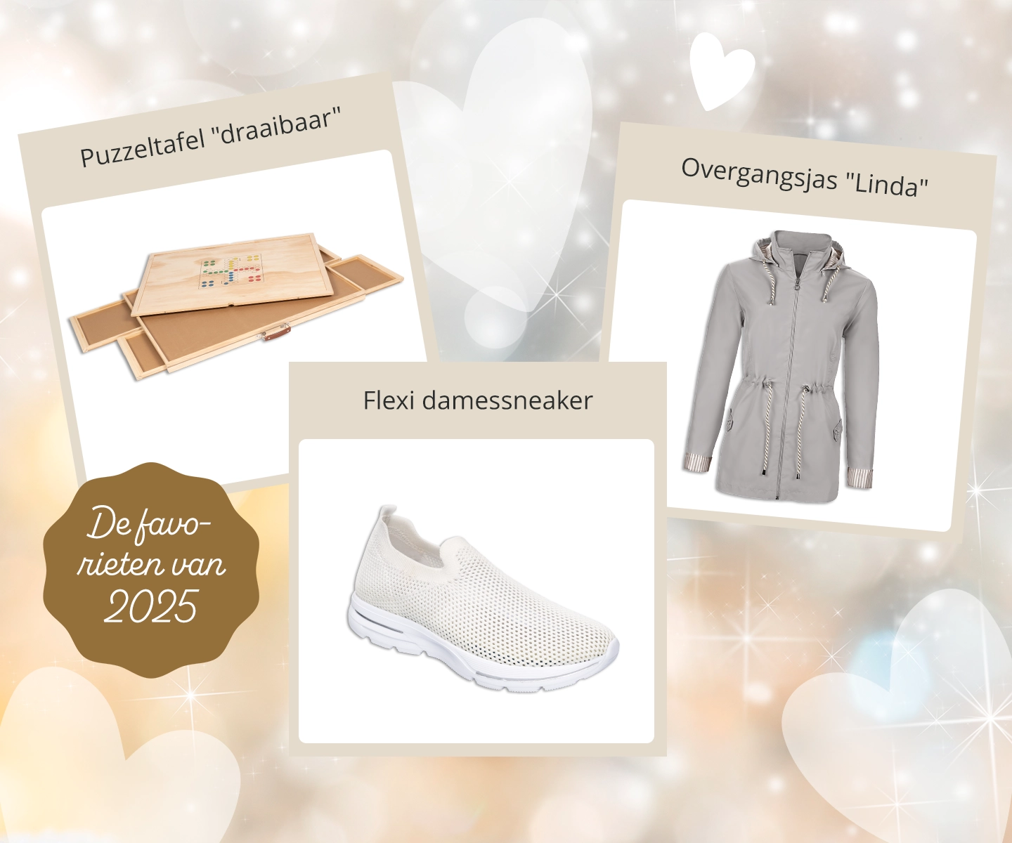 Favorieten voor 2025: puzzeltafel met 4 lades voor puzzelliefhebbers, grijze tussenjas ‘Linda’ voor dames en comfortabele witte flexibele sneakers voor dames – praktische en stijlvolle must-haves.