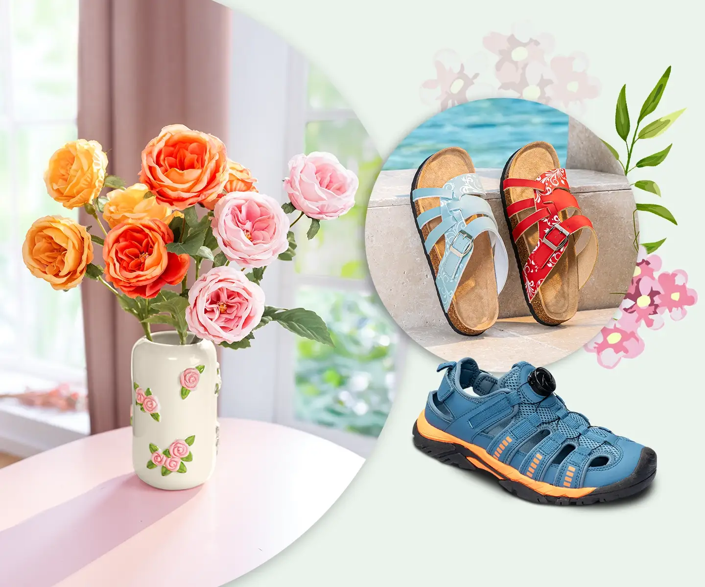 Eine Vase mit bunten Rosen neben blauen, roten und grauen Sandalen vor einem pastellfarbenen Hintergrund mit floralen Akzenten.