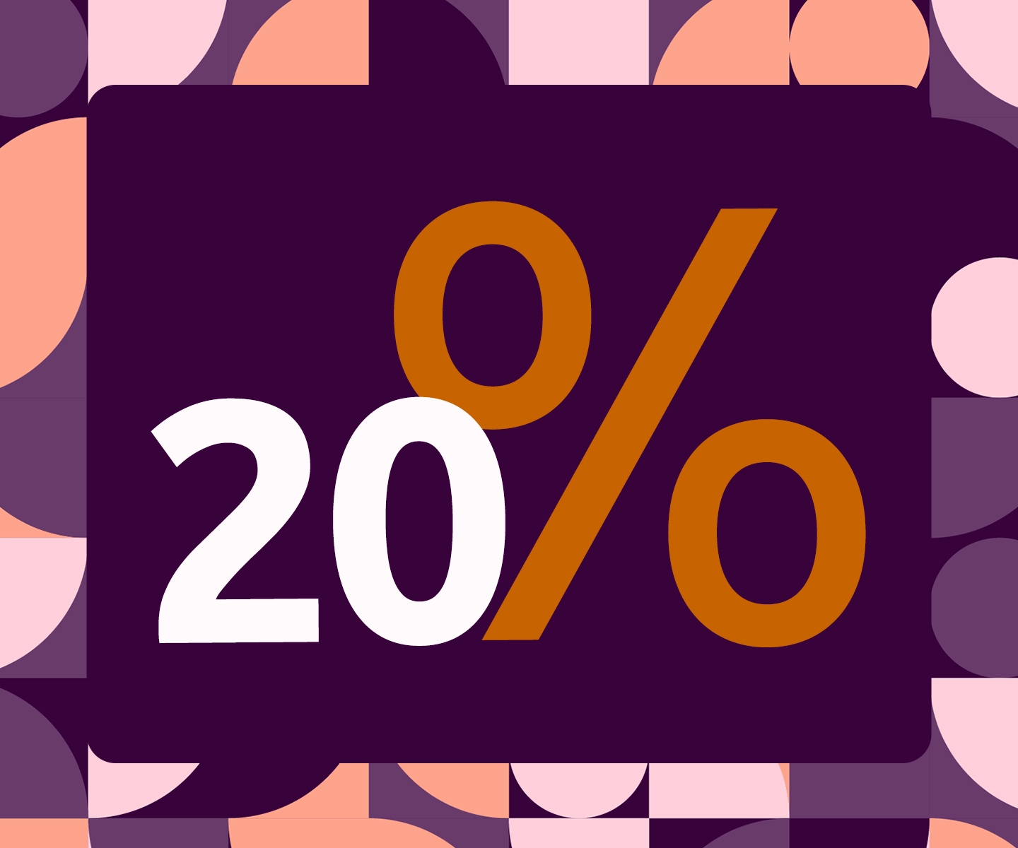 Fettgedruckter Text „20 %” auf dunkelviolettem Hintergrund mit einem abstrakten Muster aus rosa, pfirsichfarbenen und violetten Formen.
