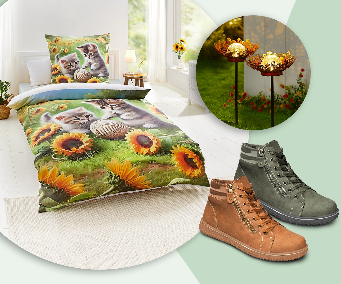 Gemütliches Schlafzimmer mit Bettwäsche mit Kätzchen- und Sonnenblumenmotiv, dekorativen Gartenlichtern und zwei Paar stilvollen Stiefeln vor einem sanften grünen Hintergrund.