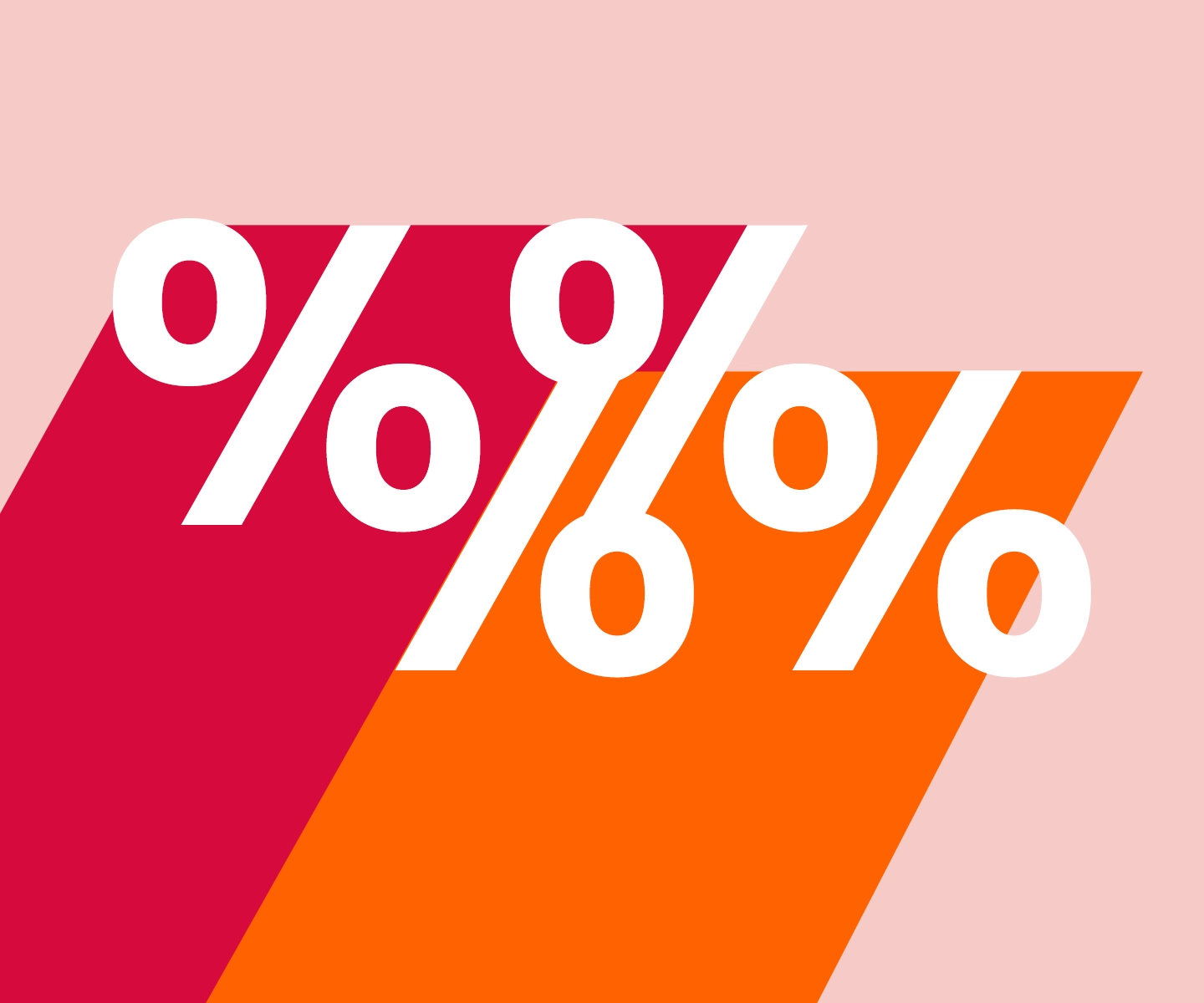Rote und orangefarbene diagonale Streifen mit großen weißen Prozentzeichen auf rosa Hintergrund.