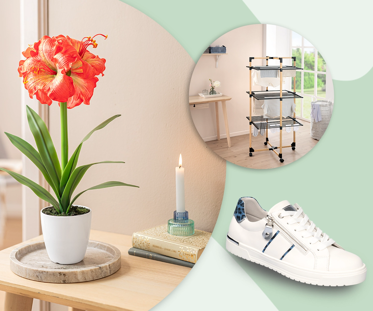 Eine rot-orangefarbene Blume in einem weißen Topf, eine brennende Kerze auf Büchern, ein weißer Sneaker und ein Regal in einem Raum mit gefalteter Kleidung.