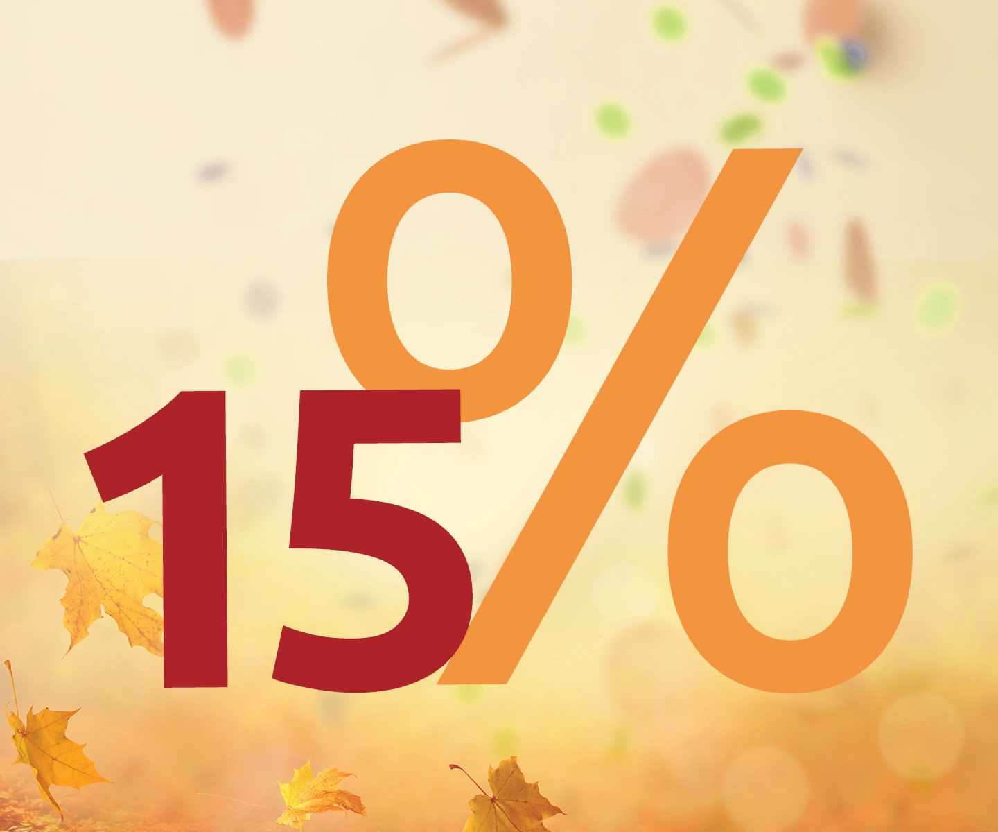 Großer Text „15 %“ mit Herbstblättern und einem warmen, unscharfen Hintergrund.