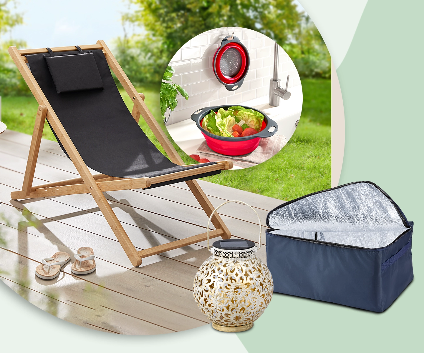 Außenaufnahme mit einem schwarzen Liegestuhl, Sandalen, einer dekorativen Laterne, einer Kühltasche und einer Küchenansicht, die ein Sieb mit Salat zeigt.
