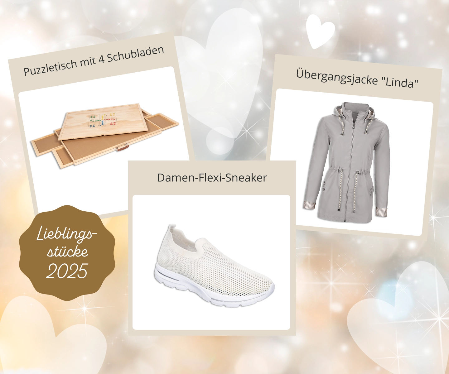 Lieblingsstücke 2025: Puzzletisch mit 4 Schubladen für Puzzle-Fans, graue Übergangsjacke ‚Linda‘ für Damen und bequeme weiße Damen-Flexi-Sneaker – praktische und stilvolle Must-haves.