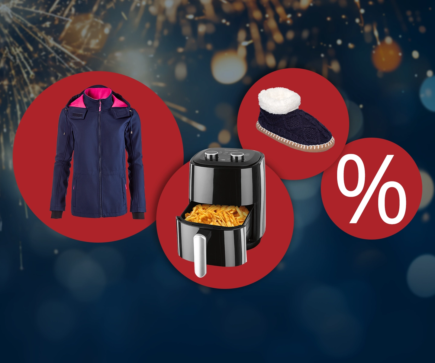 Knallerpreise Angebote: Winterjacke, Heißluftfritteuse und warme Hausschuhe im Sale mit Prozent-Rabatt vor festlichem Hintergrund