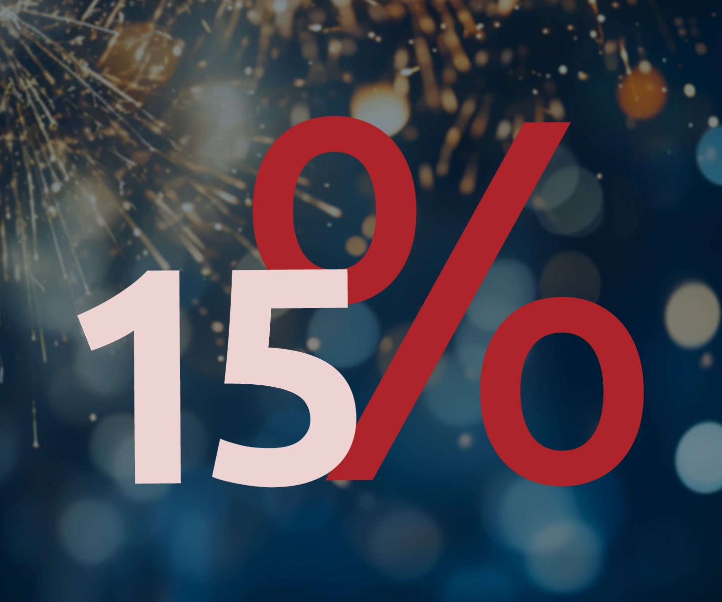 Neujahrs-Rabatt-Aktion mit 15 % Rabatt – festlicher Hintergrund mit Feuerwerk und Lichtbokeh, Jahreswechsel-Angebot