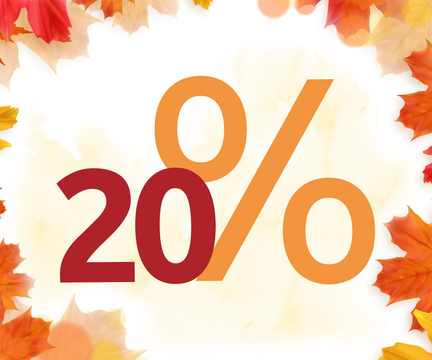 Herbstliches Design mit „20 %” in Fettschrift, umgeben von bunten Herbstblättern auf weißem Hintergrund.