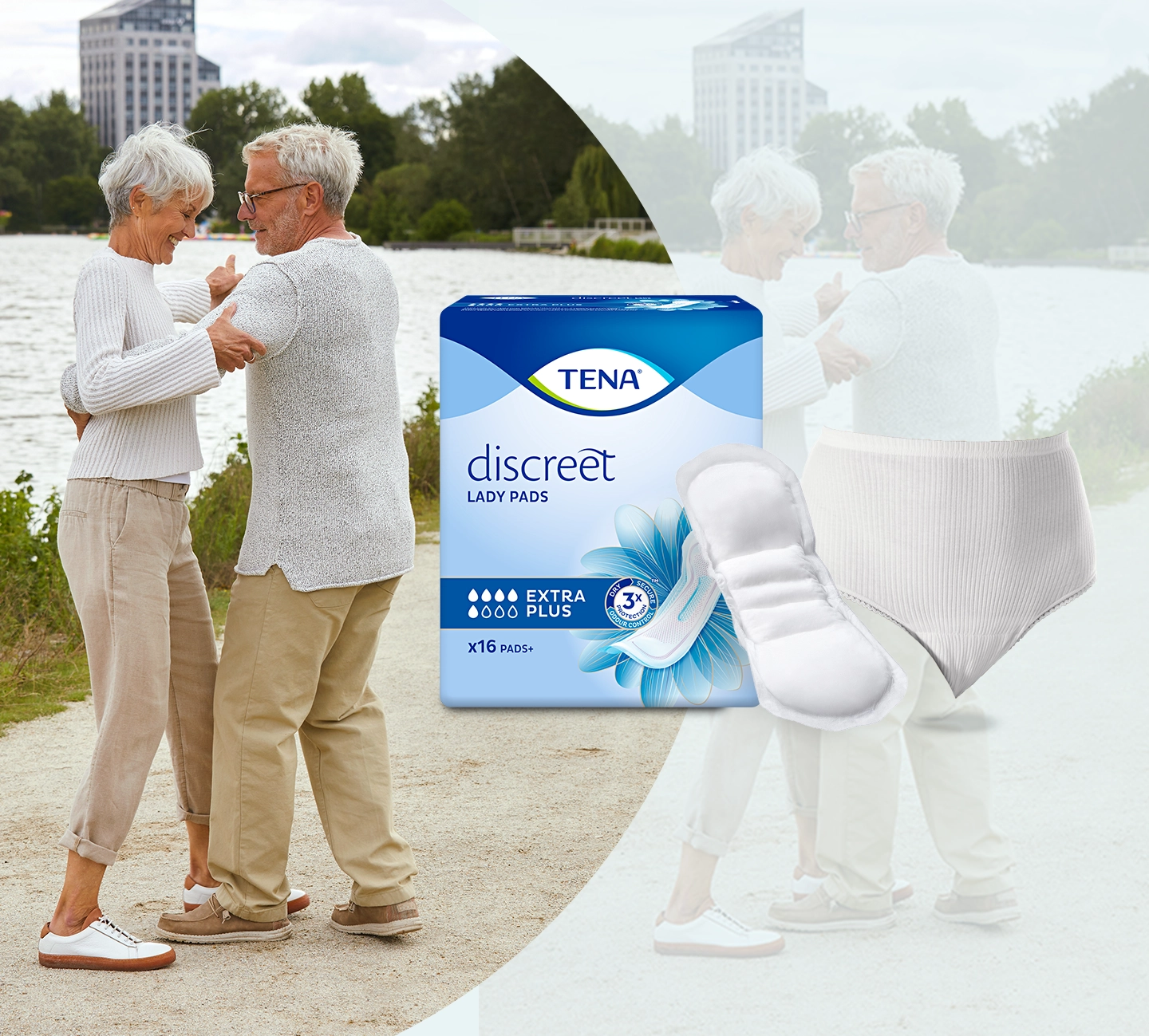 Älteres Paar tanzt am Seeufer, neben ihnen eine Packung TENA Discreet Damenbinden und ein Inkontinenzslip.