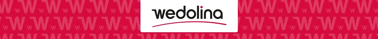 Logo mit dem Schriftzug „wedolina“ in Schwarz auf weißem Hintergrund, einem roten Punkt über dem „i“ und einem roten Muster aus „w“-Buchstaben, das das Logo umgibt.