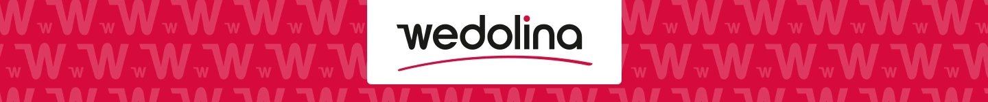 Logo mit dem Schriftzug „wedolina“ in Schwarz auf weißem Hintergrund, einem roten Punkt über dem „i“ und einem roten Muster aus „w“-Buchstaben, das das Logo umgibt.