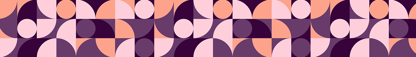 Abstraktes geometrisches Muster mit sich überlappenden Kreisen und geschwungenen Formen in Violett-, Rosa- und Pfirsichfarbtönen.