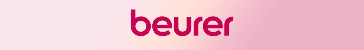 „Beurer-Logo in fetter rosafarbener Schrift auf einem Hintergrund mit Farbverlauf, der von hellrosa zu weiß übergeht“.