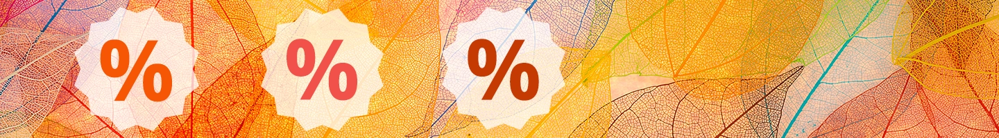 Abstraktes Bild aus bunten, sich überlappenden Blättern mit drei großen roten Prozentzeichen auf weißen Sprenkeln, die über den Hintergrund verstreut sind.