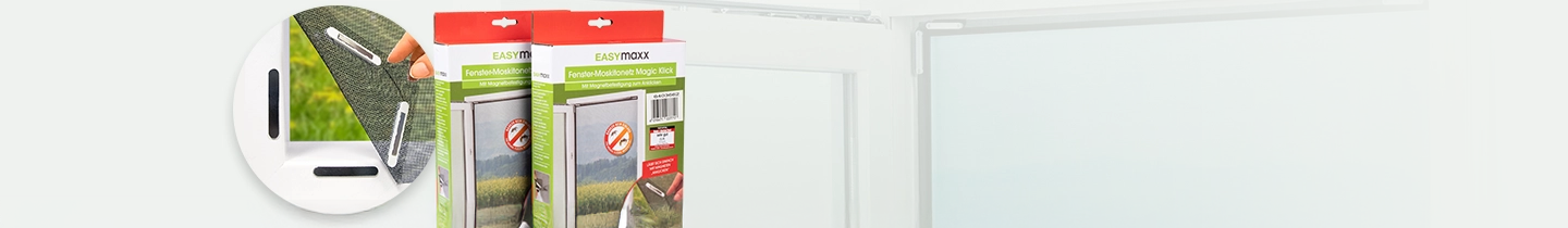 Zwei Kästen mit magnetischen Insektenschutzgittern mit einer kreisförmigen Nahaufnahme, die die Struktur des Gitters und die Montagewerkzeuge zeigt, vor einem hellen Hintergrund.