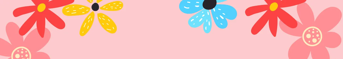 Farbenfrohe Blumenillustration mit roten, gelben und blauen Blüten auf rosa Hintergrund, die in einem verspielten, lockeren Muster angeordnet sind.