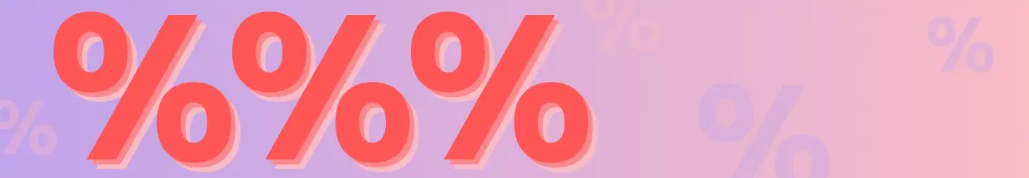 Große rote Prozentzeichen auf einem Hintergrund mit einem Farbverlauf von Lila nach Rosa, dazu kleinere, verblasste Zeichen.