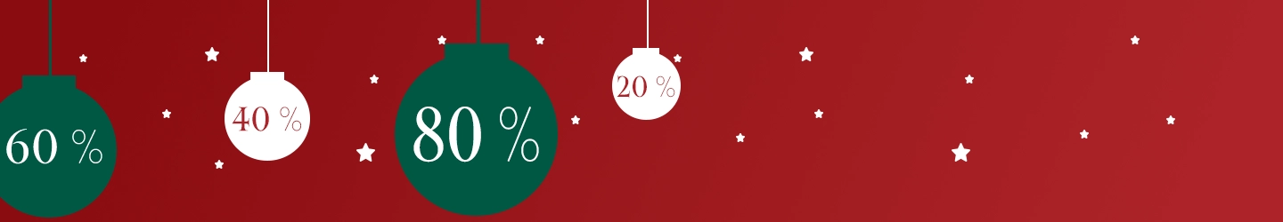 Rotes Weihnachtsbanner mit hängenden Ornamenten, die mit 60 %, 40 %, 80 % und 20 % beschriftet sind, sowie verstreuten weißen Sternen.