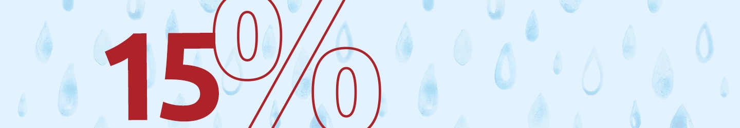 Roter Text „15 %“ auf hellblauem Hintergrund mit einem Muster aus Wassertropfen.