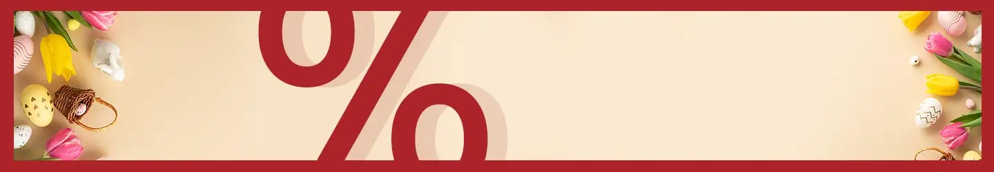 Banner mit einem großen roten Prozentzeichen, umgeben von bunten Tulpen, verzierten Eiern und kleinen Verzierungen auf beigem Hintergrund.