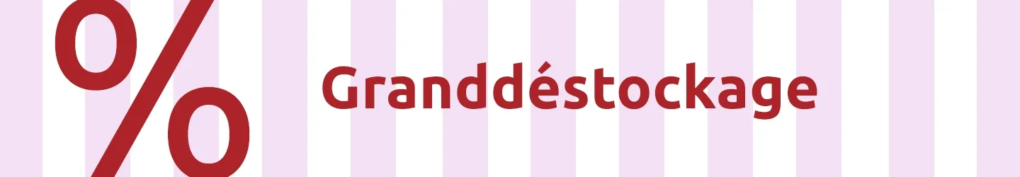 Rotes Prozentzeichen und Text „Lagerräumung” auf rosa-weiß gestreiftem Hintergrund.