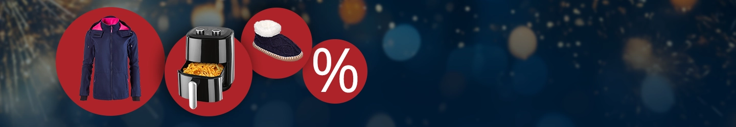 Knallerpreise Angebote: Winterjacke, Heißluftfritteuse und warme Hausschuhe im Sale mit Prozent-Rabatt vor festlichem Hintergrund