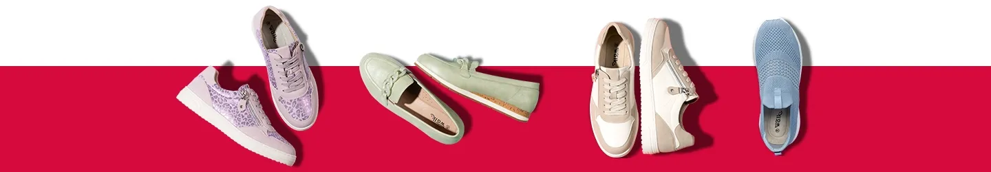Eine Reihe von sechs farbenfrohen Schuhen auf einem geteilten roten und weißen Hintergrund