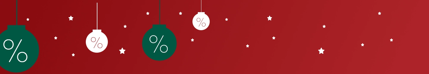 Weihnachtliche Grafik: Roter Hintergrund mit hängenden grünen und weißen Ornamenten mit Prozentzeichen, umgeben von kleinen weißen Sternen.