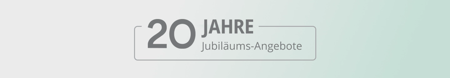 Text mit der Aufschrift „20 Jahre Jubiläums-Angebote” auf einem Hintergrund mit Farbverlauf von Weiß zu Hellgrün.