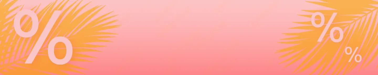 Rosa Farbverlauf-Hintergrund mit orangefarbenen Silhouetten von Palmblättern und großen weißen Prozentzeichen auf beiden Seiten.