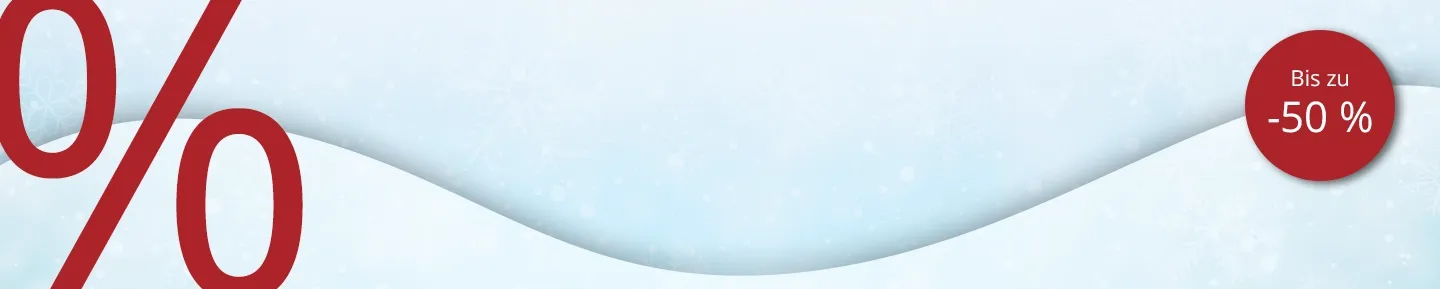 Winter-Sale-Banner mit großem roten Prozentzeichen, schneebedecktem blauen Hintergrund und rotem Aufkleber mit der Aufschrift "Bis zu 50 % Rabatt"