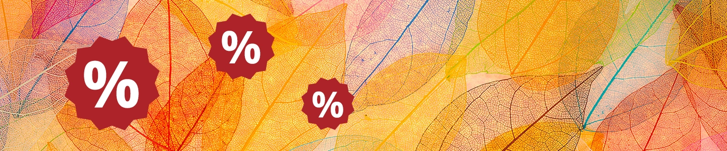 Bunte, durchscheinende Blätter, überlagert von roten Prozentzeichen.